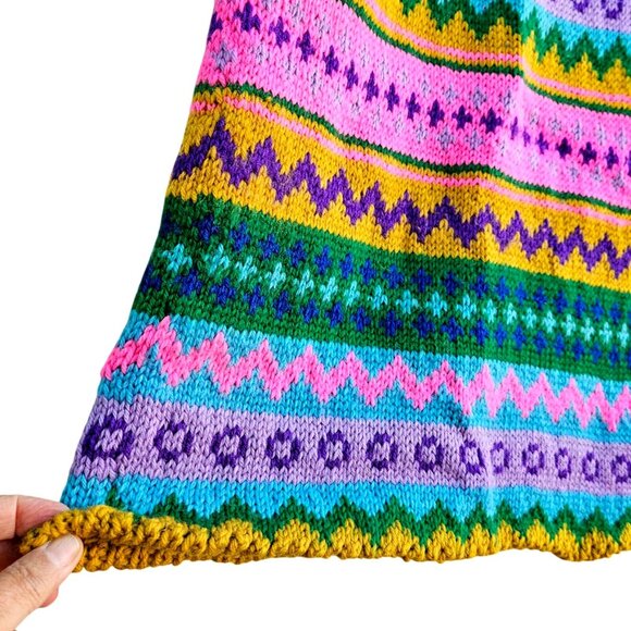 Vintage Hand Knit Colorful Fair Isle Skirt Pastel Elastic Waist Medium - Picture 15 of 15